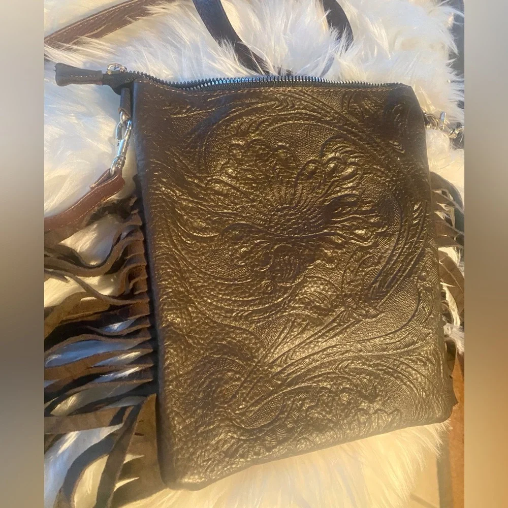 Genuine Cowhide Hair Embossed Leather Western Fringe Crossbody Boho Purse